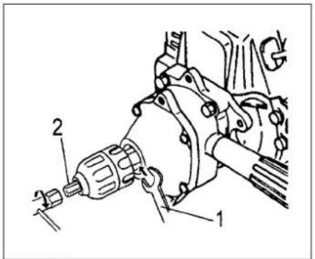 Technical diagram of a mechanical assembly with labeled parts 1 and 2