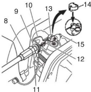 Technical diagram of a mechanical assembly with numbered components and an inset showing a component labeled 14.