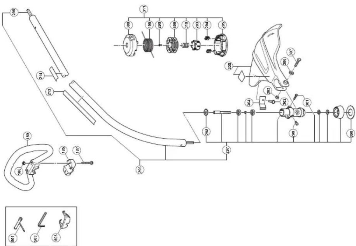 Technical diagram of a mechanical assembly with numbered components and exploded view, including parts like gears and levers.