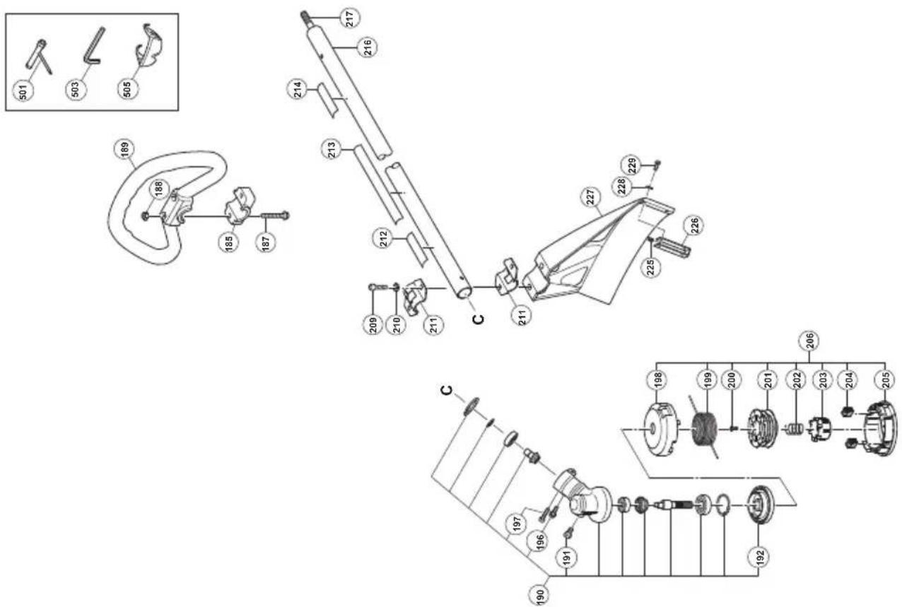 Technical diagram of a mechanical assembly with numbered components and exploded view views