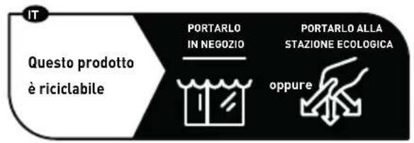 graph LR A["IT"] --> B["Questo prodotto è riciclabile"] B --> C["PORTARLO IN NEGozio"] C --> D["PORTARLO ALLA STAZIONE ECOLOGICA"] D --> E["oppure"]