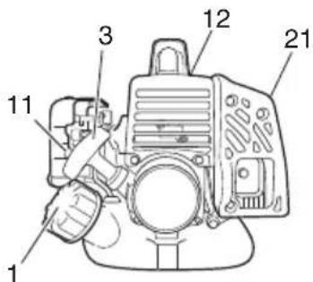 Technical diagram of a mechanical device with numbered parts labeled 1, 3, 12, and 21