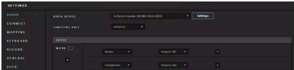 SETTINGS AUDIO CONNECT MAPPING KEYBOARD RECORD GENERAL DECK AUDIO DEVICE: DJControl Inputsec 200 MR-2 ASIO (ASIO) Settings SAMPLING RATE: 44100 Hz OUTPUT MOND Master Outputs 162 + Headphones Outputs 364