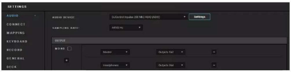 SETTINGS AUDIO CONNECT MAPPING KEYBOARD RECORD GENERAL DECK AUDIO DEVICE: DJControl Impulse 200 MR2 ASIO (ASIO) SAMPLING RATE: 44160 Hz OUTPUT MOND Master Outputs 152 + Headphones Outputs 354 Settings