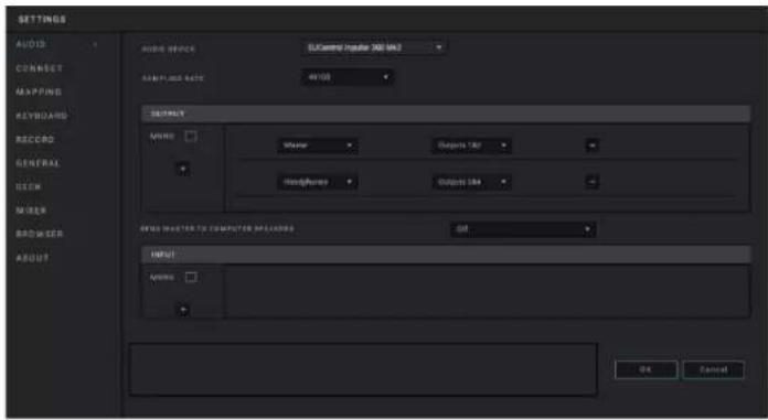 SETTINGS AUDIO CONNECT MAPPING KEYLICARS RECORD GENERAL ITEMS MODEL RADIO ORDER AUDIO OUTPUT SLC/Control HMI 300 MHz Adapted Rate: 90 Hz COMPUTER MINI: Miner Output 100 Headphones Output 100 FIND MASTER TO COMPUTER PROCESSED 01 INPUT MINI: OK Cancel