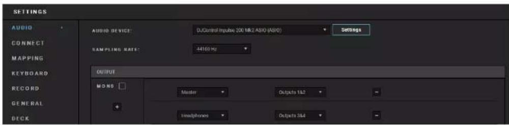 SETTINGS AUDIO CONNECT MAPPING KEYBOARD RECORD GENERAL DECK AUDIO DEVICE: DJControl Impulse 200 MR2 ASIO (ASIO) Settings SAMPLING RATE: -44100 Hz OUTPUT MONS Master Outputs 1A2 Headphones Outputs 3A4