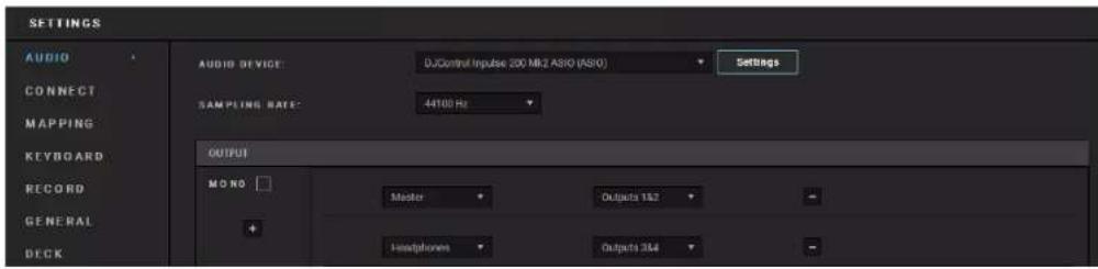 SETTINGS AUDIO CONNECT MAPPING KEYBOARD RECORD GENERAL DECK AUDIO DEVICE: DJControl Input 200 MRZ ASIO (ASIO) SetBags SAMPLING RATE: 44100 Hz OUTPUT MON: Master Outputs 152 + Headphones Outputs 344