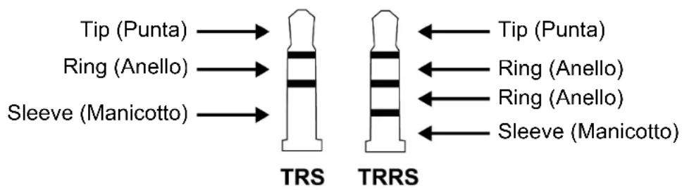 Tip (Punta) → TRS Ring (Anello) → TRS Sleeve (Manicotto) → TRS Tip (Punta) Ring (Anello) ← TRS Ring (Anello) ← TRS Sleeve (Manicotto) ← TRS