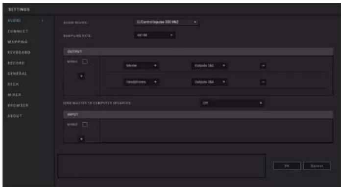 SETTINGS AUDIO CONNECT MAPPING KEYCARD RECORD GENERAL RICH MASTER KROWDER ABOUT AUDIO CONTROL 300 VAC SHIFTING TIME OUTPUT MUSIC MUSIC Output 100 Headphones Output 100 NEW MASTER TO COMPUTER INSURANCE OUT INPUT MUSIC OK Cancel
