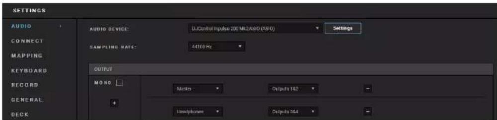 SETTINGS AUDIO CONNECT MAPPING KEYBOARD RECORD GENERAL DECK AUDIO DEVICE: DJControl impulse 200 MHz ASIO (ASIO) SAMPLING RATE: 44100 Hz OUTPUT MONO Master Outputs 162 Headphones Outputs 364 Settings