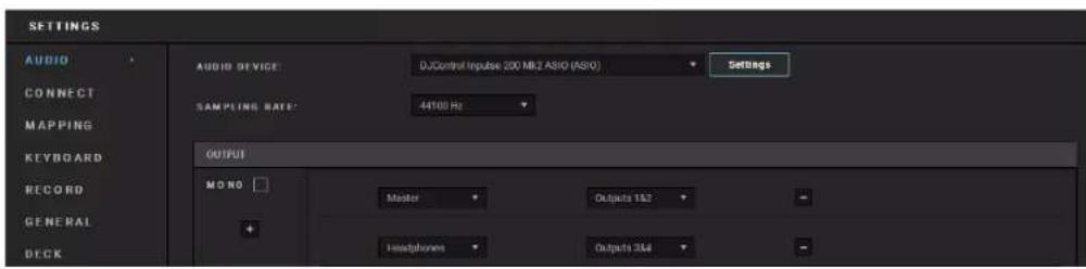 SETTINGS AUDIO CONNECT MAPPING KEYBOARD RECORD GENERAL DECK AUDIO DEVICE: DJControl Input 200 MHz ASIO (ASIO) Settings SAMPLING RATE: 44100 Hz OUTPUT MONO Master Outputs 152 + Headphones Outputs 344