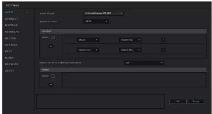 SETTINGS AUDIO CONNECT MAPPING KEYBOARD RECORD GENERAL DECK MASTER BROWER ABOUT AUDIO TARGET 0. Control input 300 MHz SAMPLE NAME: 48100 SETTING WOM: Mouse Outside 162 Headphones Outside 561 SEND DIRECTS TO COMPUTED OUTPUTS: OUT INPUT MODEL: 3x Cancel