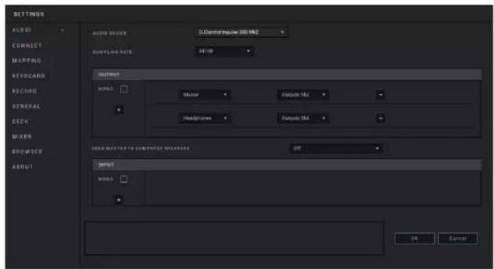 SETTINGS AUDIO COMMENTS MAPPING KEYBOARD RECORD GENERAL DISCH MASTER RICHMON ABOUT AUDIO SOURCE DJ-Channel Input 200 MHz NOTING NAME 41289 OUTPUT MODE: Master Output Max Headphones Output Max GND MASTER TO COMPUTER MEANSER OUT INPUT MODE: OK Cancel