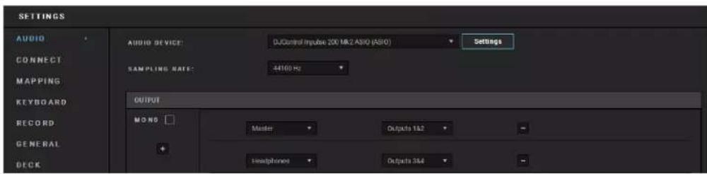 SETTINGS AUDIO CONNECT MAPPING KEYBOARD RECORD GENERAL DECK AUDIO DEVICE: DJControl Impulse 200 MR2 ASIO (ASIO) Settings SAMPLING RATE: -44100 Hz OUTPUT MONS Master Outputs 162 Headphones Outputs 364