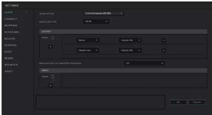 SETTINGS AUDIO CONNECT MAPPING KEYGARDS RECORD GENERAL DECK MAXIM BROVER ABOUT AUDIO OUTPUT D:\Control input 300 kHz SAMPLIANCE RATE: 48.00 % SHIFT: WOM: Mouse Output 16J Headphones Output 5M GROSS MOUNTED TO COMPUTIVE OUTPUTS: 20T INPUT: WOM: OK Cancel