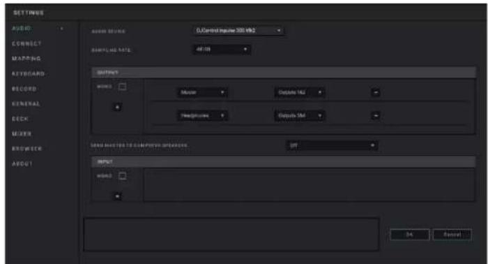 SETTINGS AUDIO CONNECT MAPPING KEYBOARD RECORD GENERAL DECK MASTER BROWER ABOUT AUDIO SOURCE D:\Control Inverter 300 MHz SAMPLE NAME: 48.109 SETTING WOM: Mouse Outside 164 Headphones Outside 564 GND MODELS TO COMPUTED OUTPUTS: OUT INPUT WORK: OK Cancel