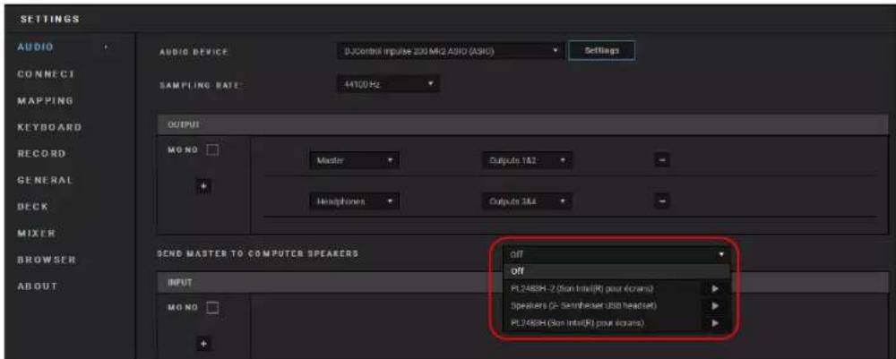 SETTINGS AUDIO CONNECT MAPPING KEYBOARD RECORD GENERAL DECK MIXER BROWSER ABOUT AUDIO DEVICE DJControl input/230 MHz ASD (ASIO) Settings SAMPLING RATE: 44100 Hz OUTPUT MONO Master Output 182 Headphones Output 384 SEND MASTER TO COMPUTER SPEAKERS OFF OFF PL2480H: 2 (Non Intel(R) pour electrons) Speakers (A-Semphaser USB headset) PL2480H (Non Intel(R) pour electrons)