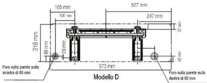 165 mm 106 mm 527 mm 247 mm 37 mm 318 mm 48 mm 29 mm 48 mm 973 mm Foro sulla parete sulla sinistra di 65 mm Modello D Foro sulla parete sulla destra di 65 mm