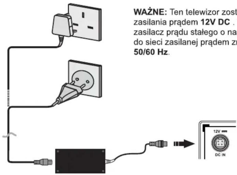 WAŻNE: Ten telewizor zost zasilania prądem 12V DC . zasilacz prądu stałego o na do sieci zasilanej prądem zr 50/60 Hz.