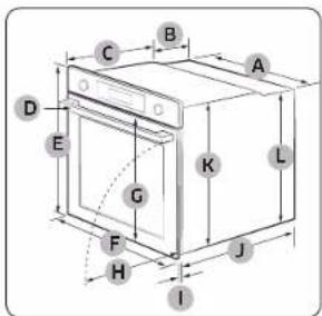 Technical diagram of an oven with labeled parts and dimensions for assembly or design reference.