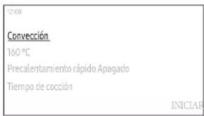 12 cm Convección 160 °C Precalentamiento rápido Apagado Tiempo de cocción INICIAB