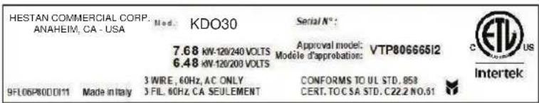 Hestan KSO30 - RATING LABEL - 1