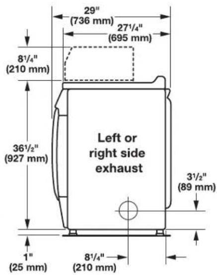 29" (736 mm) 27½" (695 mm) 8½" (210 mm) 36½" (927 mm) Left or right side exhaust 3½" (89 mm) 1" (25 mm) 8½" (210 mm)