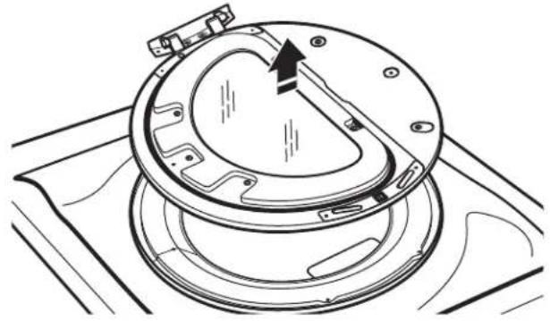 Technical line drawing of a mechanical component with a circular housing and directional arrow (no text or symbols)