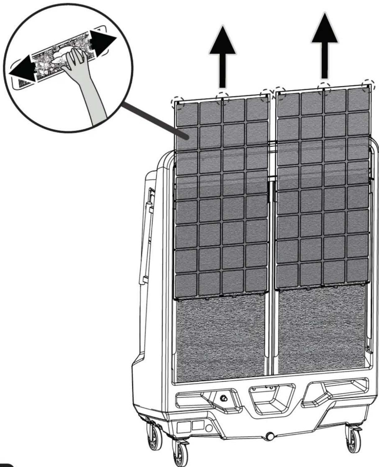 Diagram of a mobile solar panel with labeled components and directional arrows indicating assembly or operation.