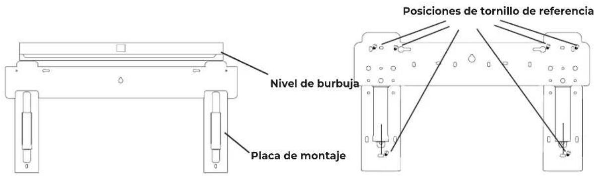 Posiciones de tornillo de referencia Nivel de burbuja Placa de montaje