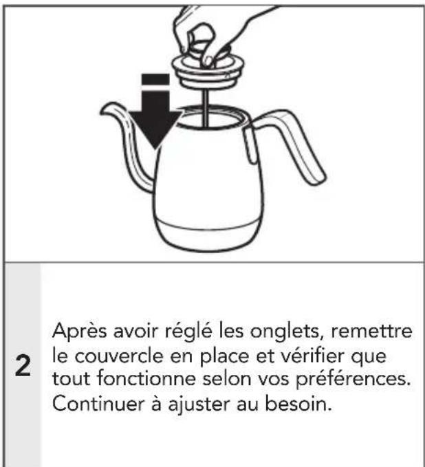 Après avoir réglé les onglets, remettre le couvercle en place et vérifier que tout fonctionne selon vos préférences. Continuer à ajuster au besoin.