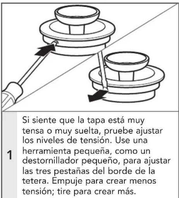 Si siente que la tapa está muy tensa o muy suelta, pruebe ajustar los niveles de tensión. Use una herramienta pequeña, como un destornillador pequeño, para ajustar las tres pestañas del borde de la tetera. Empuje para crear menos tensión; tire para crear más.