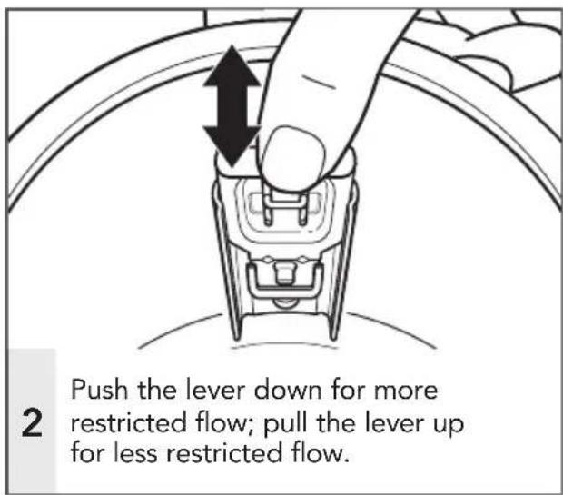 2 Push the lever down for more restricted flow; pull the lever up for less restricted flow.