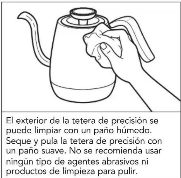 El exterior de la tetera de precisión se puede limpiar con un paño húmedo. Seque y pula la tetera de precisión con un paño suave. No se recomienda usar ningún tipo de agentes abrasivos ni productos de limpieza para pulir.