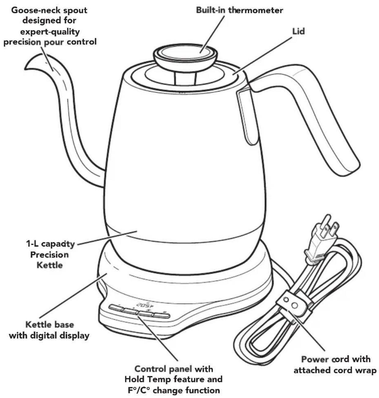 Goose-neck spout designed for expert-quality precision pour control Built-in thermometer Lid 1-L capacity Precision Kettle Kettle base with digital display Control panel with Hold Temp feature and F°/C° change function Power cord with attached cord wrap