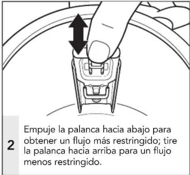 2 Empuje la palanca hacia abajo para obtener un flujo más restringido; tire la palanca hacia arriba para un flujo menos restringido.