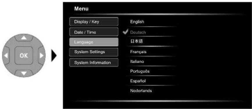 Laserliner HD DuoCamera - Settings mode: Select language (EN, DE, JP, FR, IT, PT, ES, NL) - 1