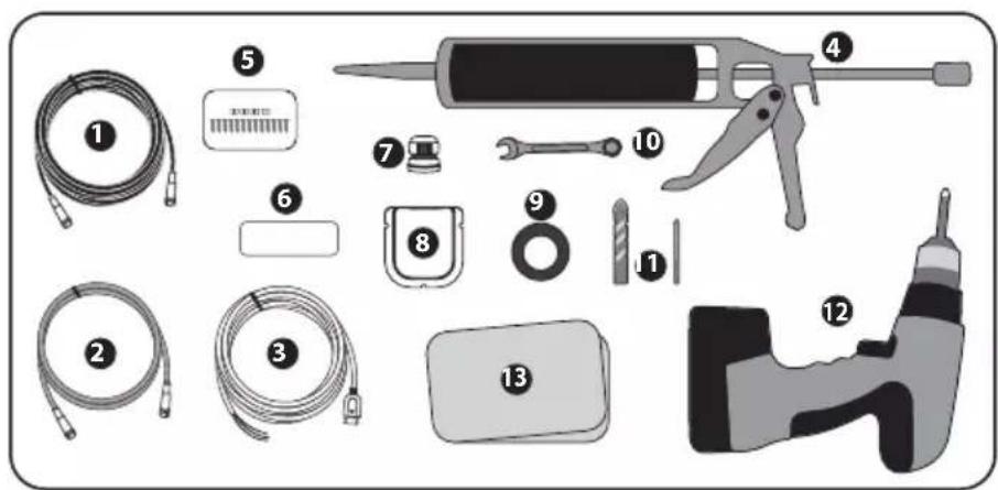 Labeled diagram of automotive electrical components including hoses, tools, and a spray gun