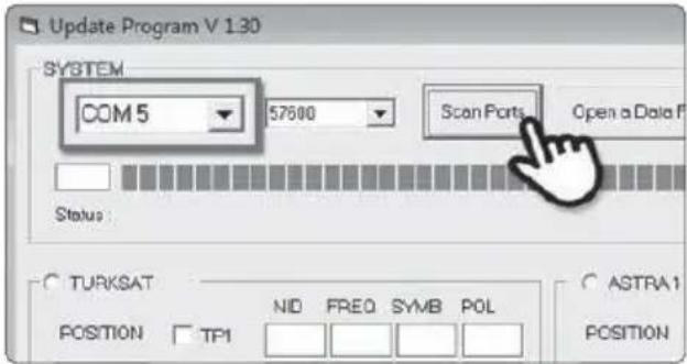 Update Program V 1:30 SYSTEM COM 5 57600 Scan Ports Open a Data P Status : TURKSAT NID FREO SYMB POL ASTRA1 POSITION TP1 POSITION