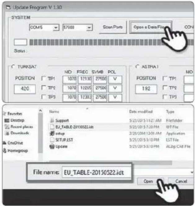 Update Program V 1:30 SYSTEM COM7500 Scan Parts Open a Data File CON Status : TURKSAT NID FREQ SYMBOL POL POSITION TP1 1070 12130 27500 V 420 TP2 1070 12295 27500 V TP3 1070 12303 27500 V ASTRA1 NID POSITION TP1 192 TP2 TP3 Favorites Desktop Recent places Downloads OneDrive Homegroup Name Data modified Type Support 5/22/2015 11:27 AM Filefolder EU_TABLE-20150522.idt 5/22/2015 7:30 PM IDT File setup 2/28/2014 12:00 AM Application SETUP.LST 5/21/2015 3:10 PM EST File Update 5/21/2015 3:10 PM ALDp.CAB File File name: EU_TABLE-20150522.idt Open Cancel