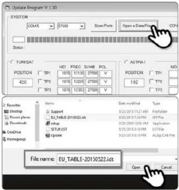Update Program V 1.30 SYSTEM COMS $7100 Scan Port Open a Data File CON Status : TURKSAT NID FREQ SYMBOL POL ASTRA1 NID POSITION TP1 1070 12130 27500 V POSITION TP1 420 TP2 1070 12295 27500 V 192 TP2 TP3 1070 12303 27500 V TP3 Favorites Desktop Recent places Downloads OneDrive Homegroup Name Date modified Type Support S/22/2015 11:27 AM Filefolder EU_TABLE-20150522.idt S/22/2015 7:30 PM IDT File setup 2/28/2004 12:04 AM Application SETUP.LST S/21/2015 3:10 PM LST File Update S/21/2015 3:10 PM ALBp CAB File File name: EU_TABLE-20150522.idt Open Cancel
