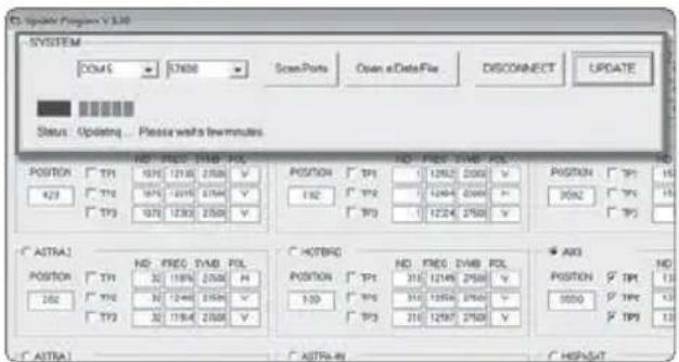 C:\Update\Program V3.30 SYSTEM COMS 57600 ScenPorts Open eDataFile DISCONNECT UPDATE Status: Updating ... Please wait in minutes. POSTOR T1 975 1218 2508 V POSITION T1 1262 2508 v 4/2 T1 975 1218 2508 V 1244 2508 v T13 T13 1232 2508 V T13 1224 2508 v A STRA1 POSTOR T1 ND FREQ DVB POL H COSTBG AG 252 T1 32 1194 2508 H POSITION T1 315 1246 2508 v T13 T13 1246 2508 v 1264 2508 v T13 T13 1297 2508 V A STRA1 A STRA-01 C HIGHLIGHT