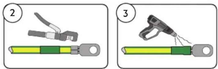 Diagram showing two steps of cable or wire tool application: one with a connector, the other with a power tool.