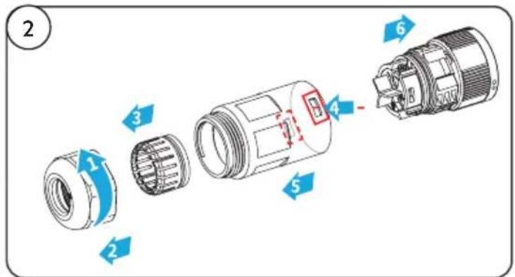 Exploded view diagram of a mechanical component with numbered parts and directional arrows indicating assembly steps.