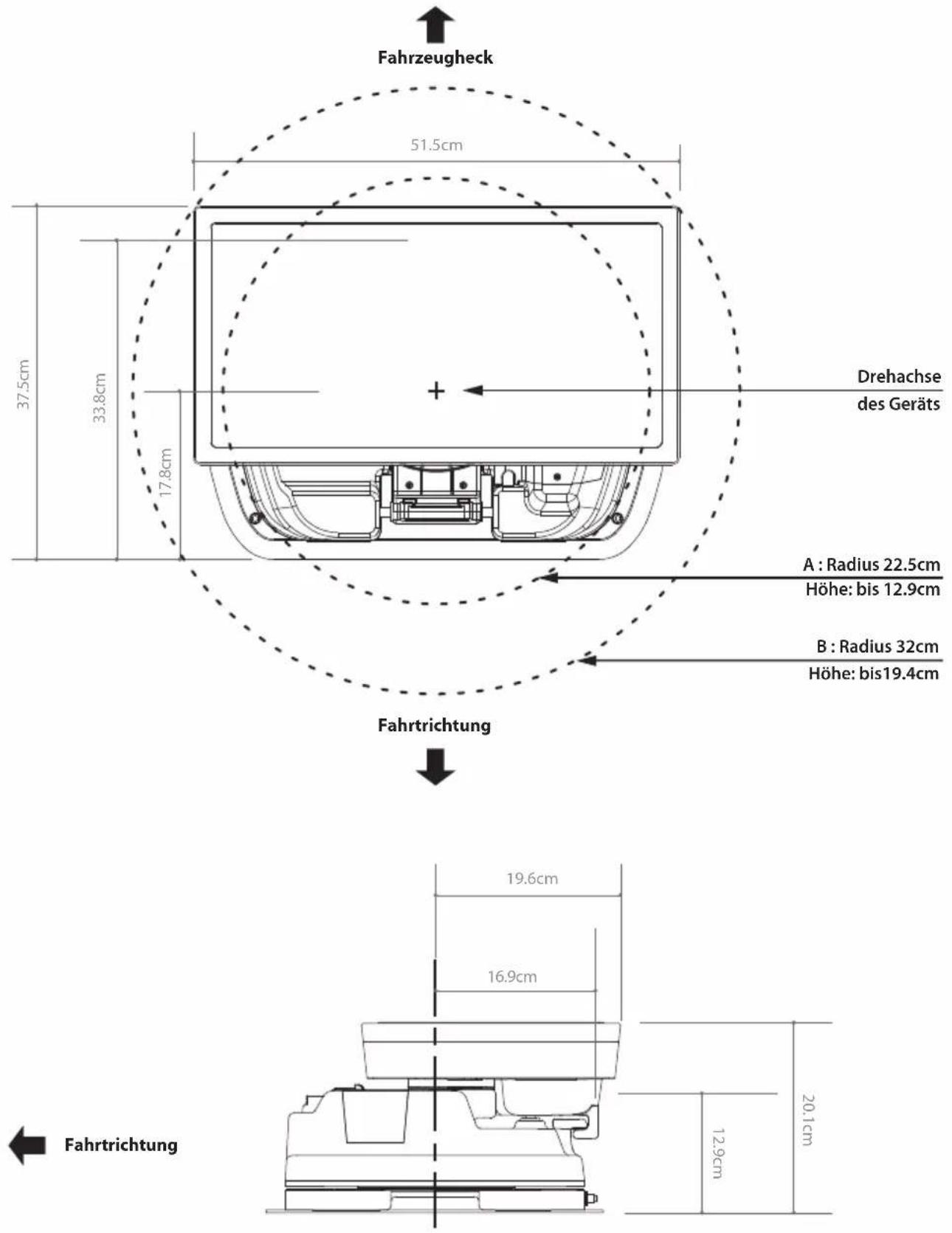 Fahrzeugheck 51.5cm 37.5cm 33.8cm 17.8cm Drehachse des Geräts A : Radius 22.5cm Höhe: bis 12.9cm B : Radius 32cm Höhe: bis19.4cm Fahrtrichtung 19.6cm 16.9cm 20.1cm Fahrtrichtung