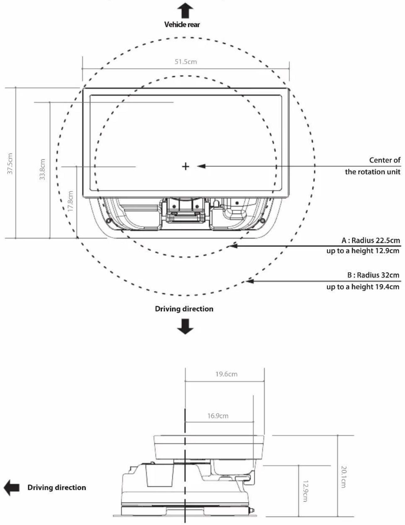 Vehicle rear 51.5cm 37.5cm 33.8cm 17.8cm Center of the rotation unit Driving direction A : Radius 22.5cm up to a height 12.9cm B : Radius 32cm up to a height 19.4cm Driving direction 19.6cm 16.9cm 12.9cm 20.1cm