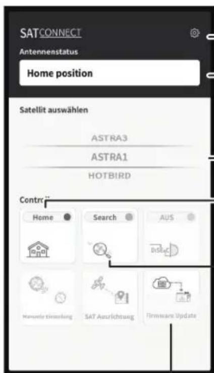 SATCONNECT Antennenstatus Home position Satellit auswählen ASTRA3 ASTRA1 HOTBIRD Contr: Home Search AUS Hanspore Einkreking SAT Ausrichtung Firmware Update