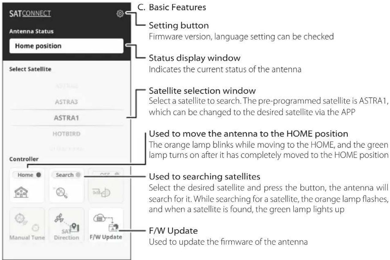 SATCONNECT Antenna Status Home position C. Basic Features Setting button Firmware version, language setting can be checked Status display window Indicates the current status of the antenna Select Satellite ASTRA3 ASTRA1 HOTBIRD Satellite selection window Select a satellite to search. The pre-programmed satellite is ASTRA1, which can be changed to the desired satellite via the APP Used to move the antenna to the HOME position The orange lamp blinks while moving to the HOME, and the green lamp turns on after it has completely moved to the HOME position Controller Home Search OFF Manual Tune SAF Direction F/W Update Used to searching satellites Select the desired satellite and press the button, the antenna will search for it. While searching for a satellite, the orange lamp flashes, and when a satellite is found, the green lamp lights up F/W Update Used to update the firmware of the antenna