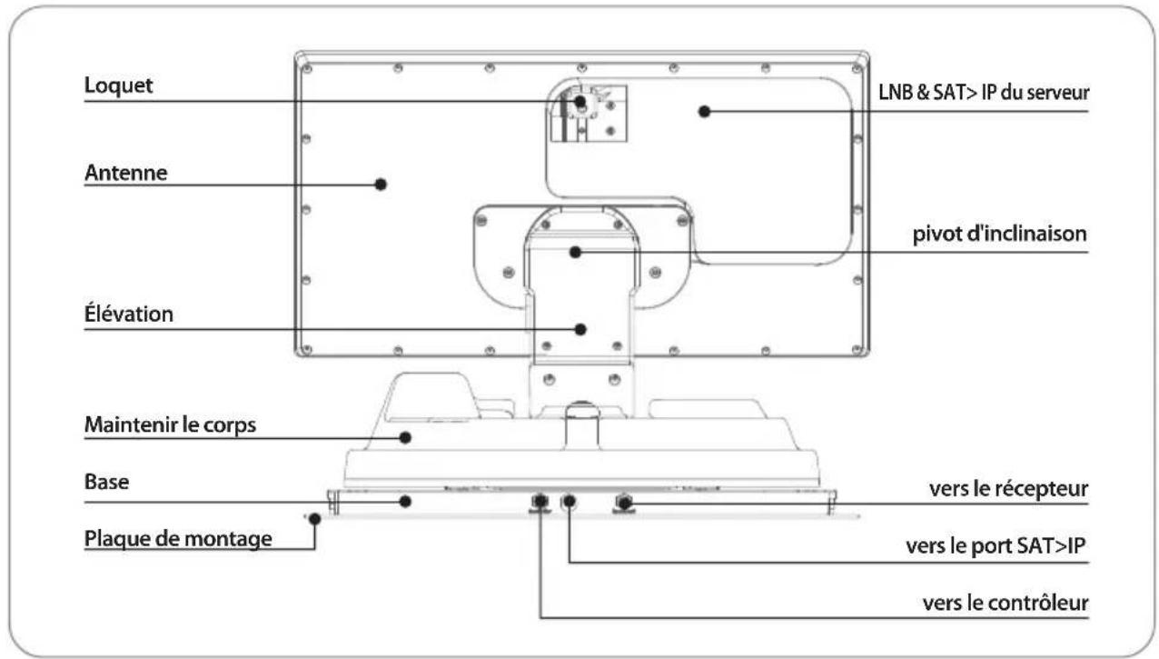 Loquet Antenne Élévation Maintenir le corps Base Plaque de montage LNB & SAT>IP du serveur pivot d'inclinaison vers le récepteur vers le port SAT>IP vers le contrôleur