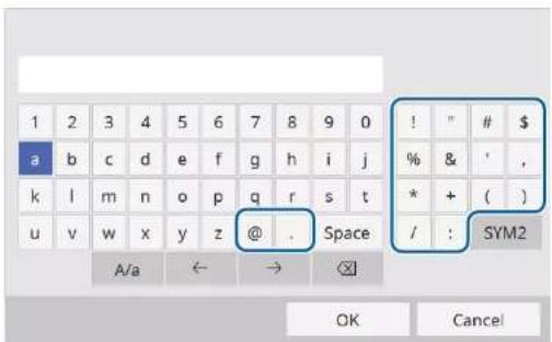 1 2 3 4 5 6 7 8 9 0 a b c d e f g h i j k l m n o p q r s t u v w x y z @ . Space A/a ← → ! " # $ % & ' , * + ( ) / : SYM2 OK Cancel